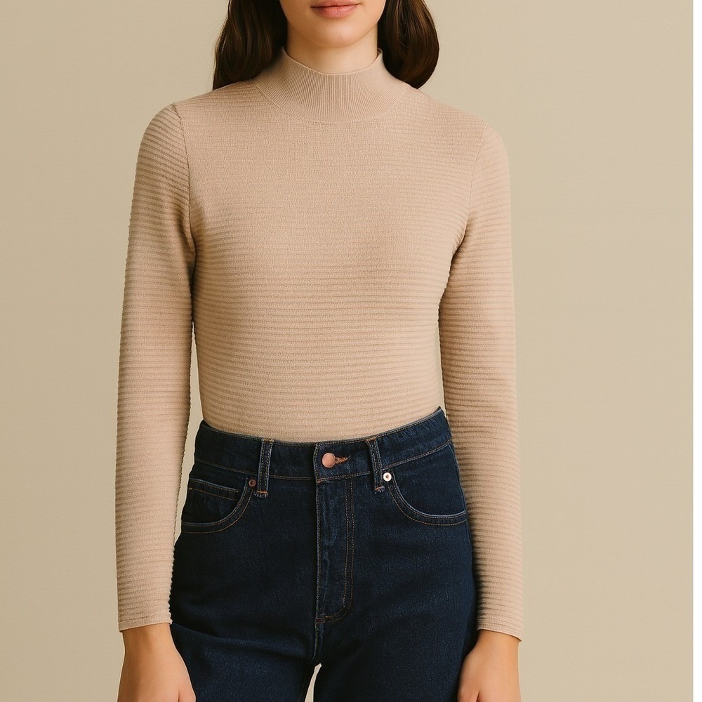Revolve NEW 525 America Tan Ribbed Funnel Neck Stretch Knit Top SZ Medium